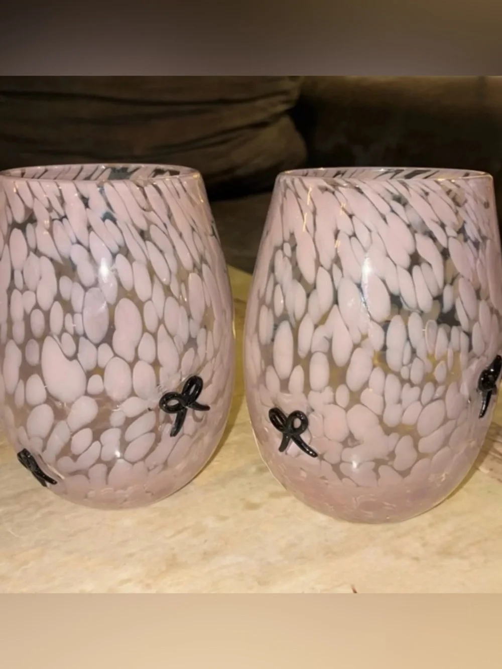 Set of 4 Pink Confetti Stemless Wine Glasses with‎ Black Coquette Bow Icons NEW